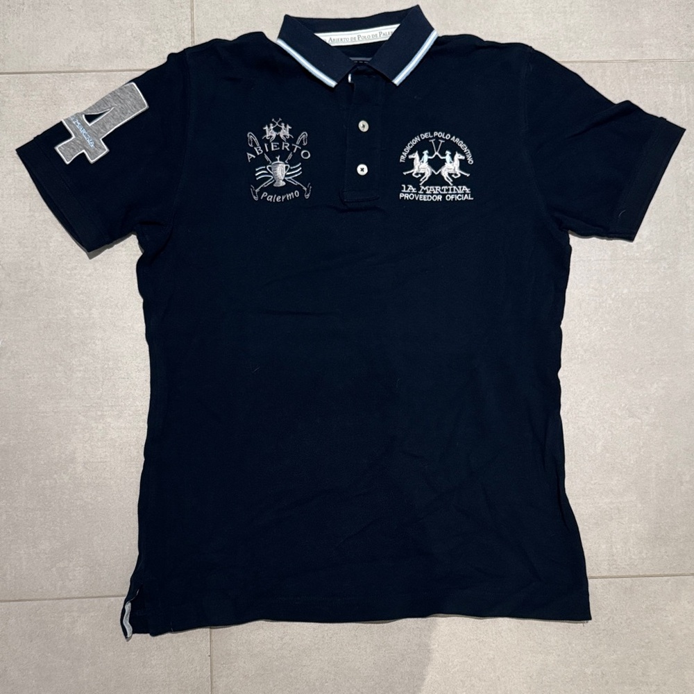 LA MARTINA Men size Small Classic Navy Polo Shirt with Embroidered Accents
